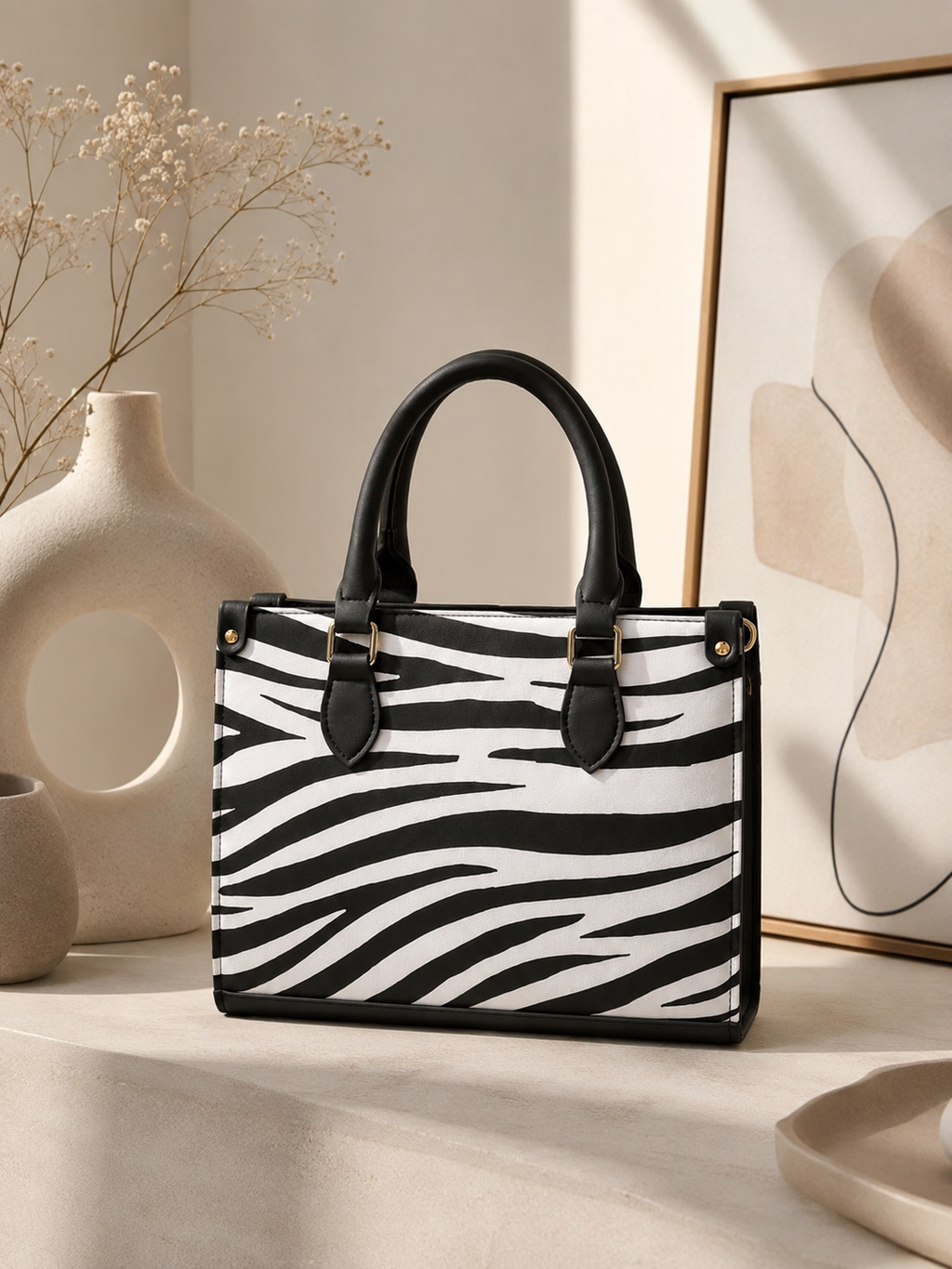 Zebra Print Structured Tote Bag