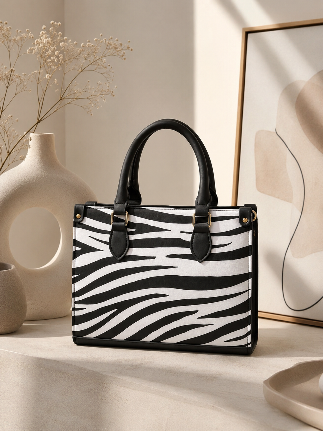 Zebra Print Structured Tote Bag