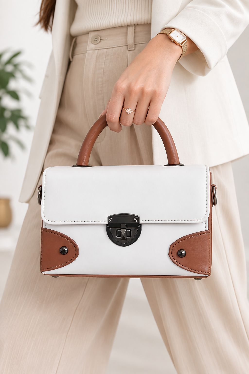 Coco Elan Mini Satchel – Ivory & Tan Main image