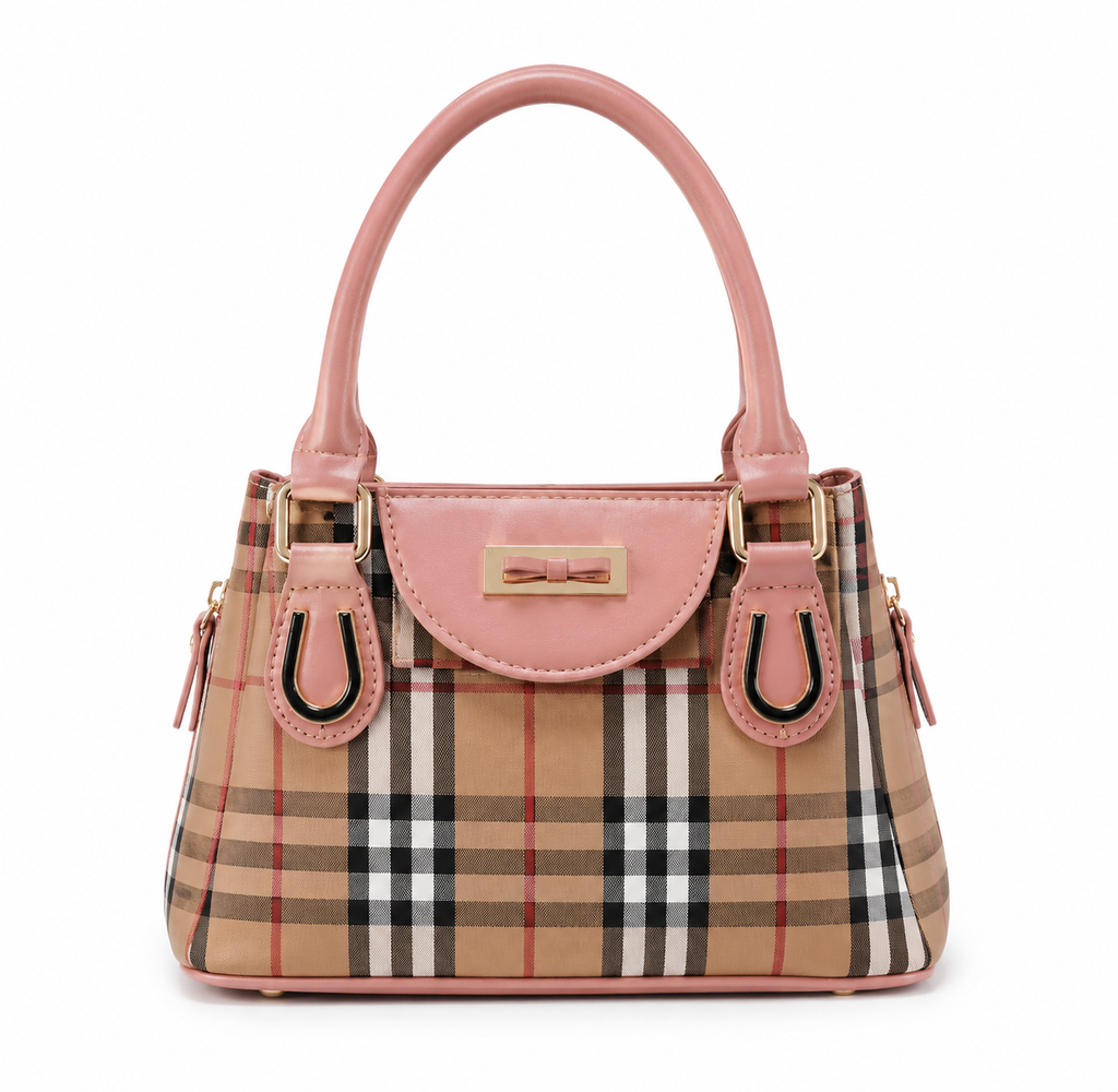 Plaid Top Handle Handbag – Pink & Beige