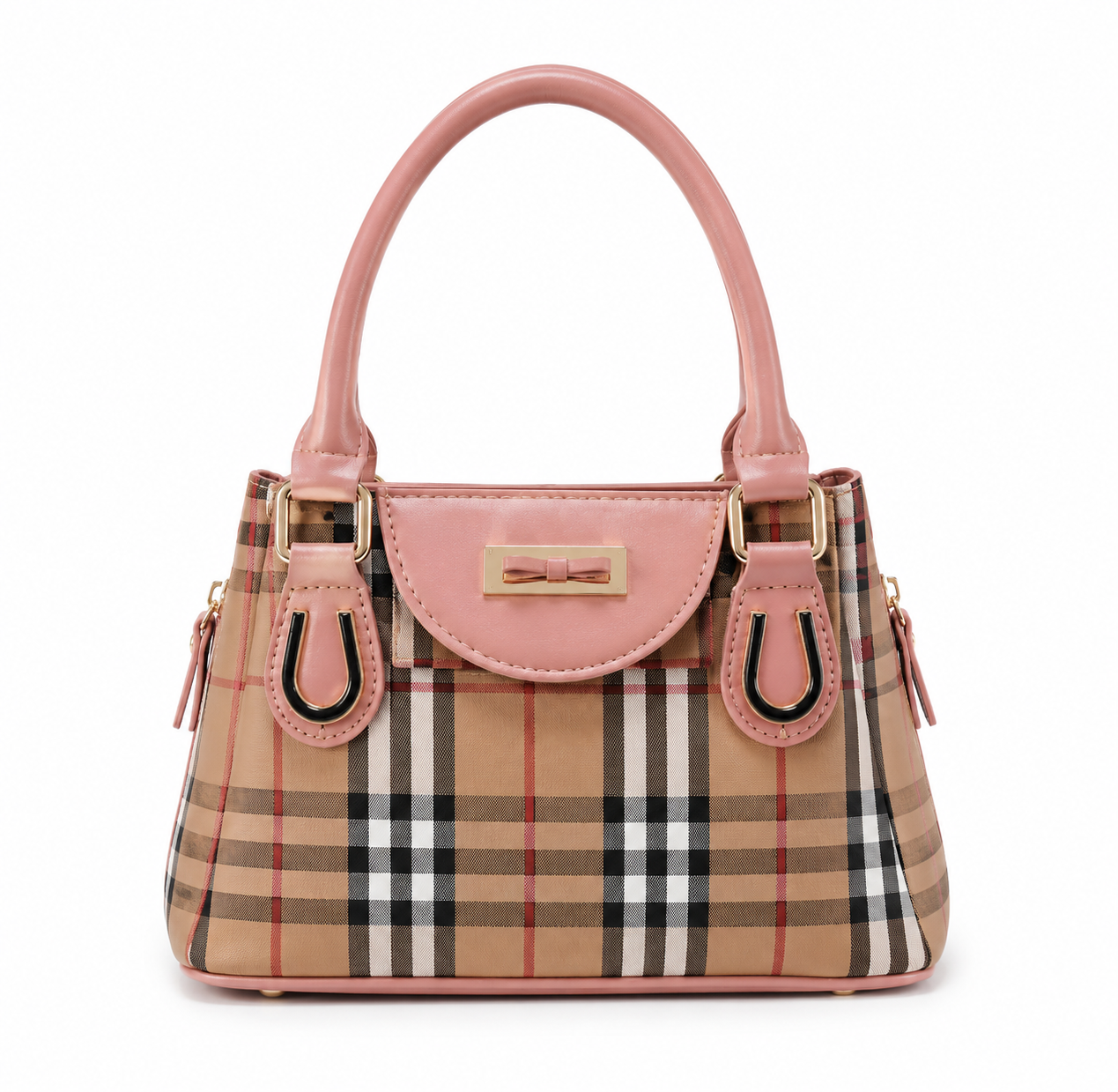 Plaid Top Handle Handbag – Pink & Beige
