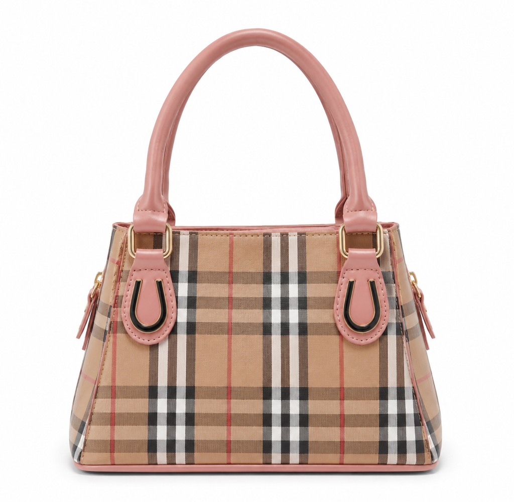 Plaid Top Handle Handbag – Pink & Beige