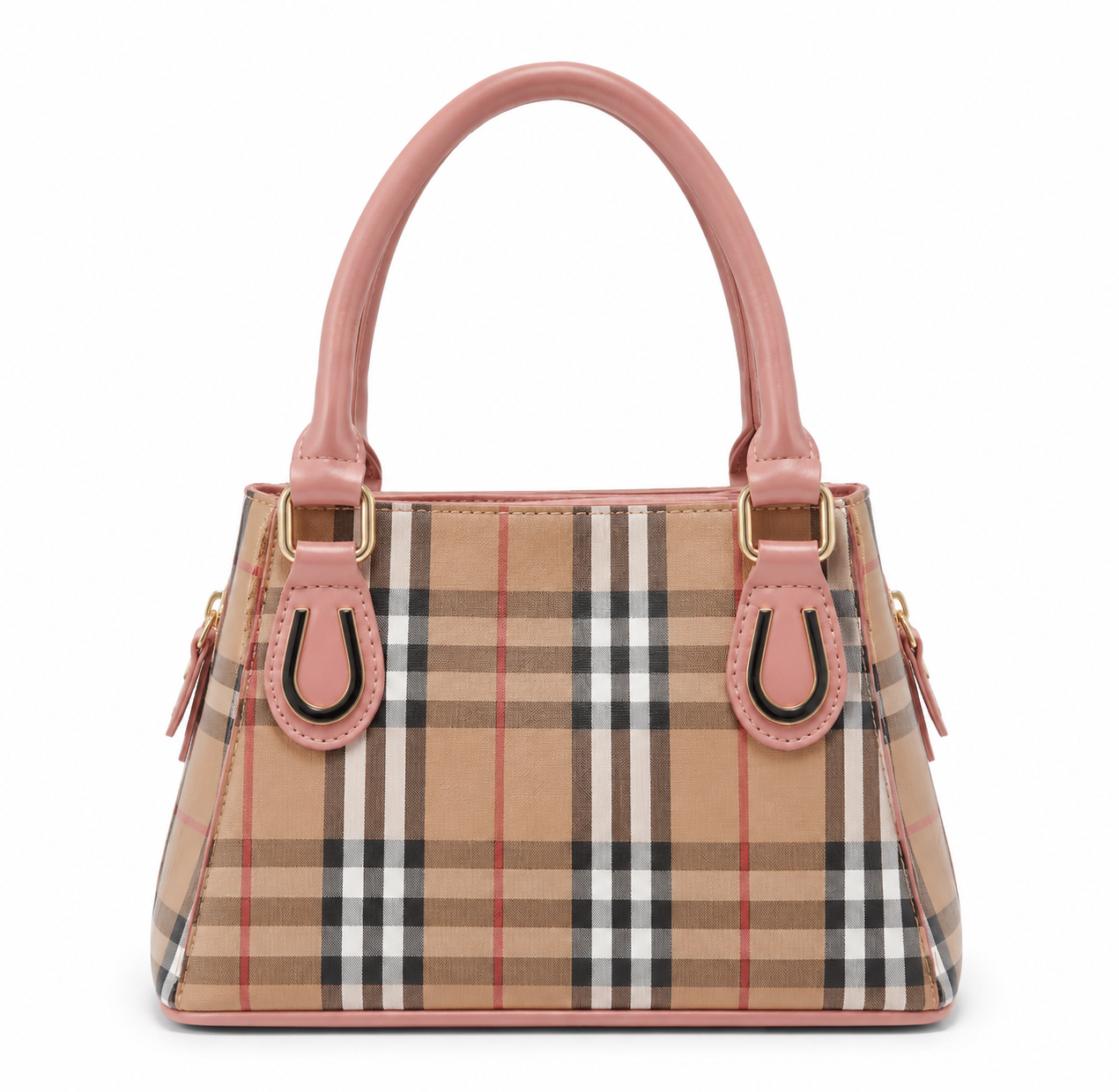 Plaid Top Handle Handbag – Pink & Beige