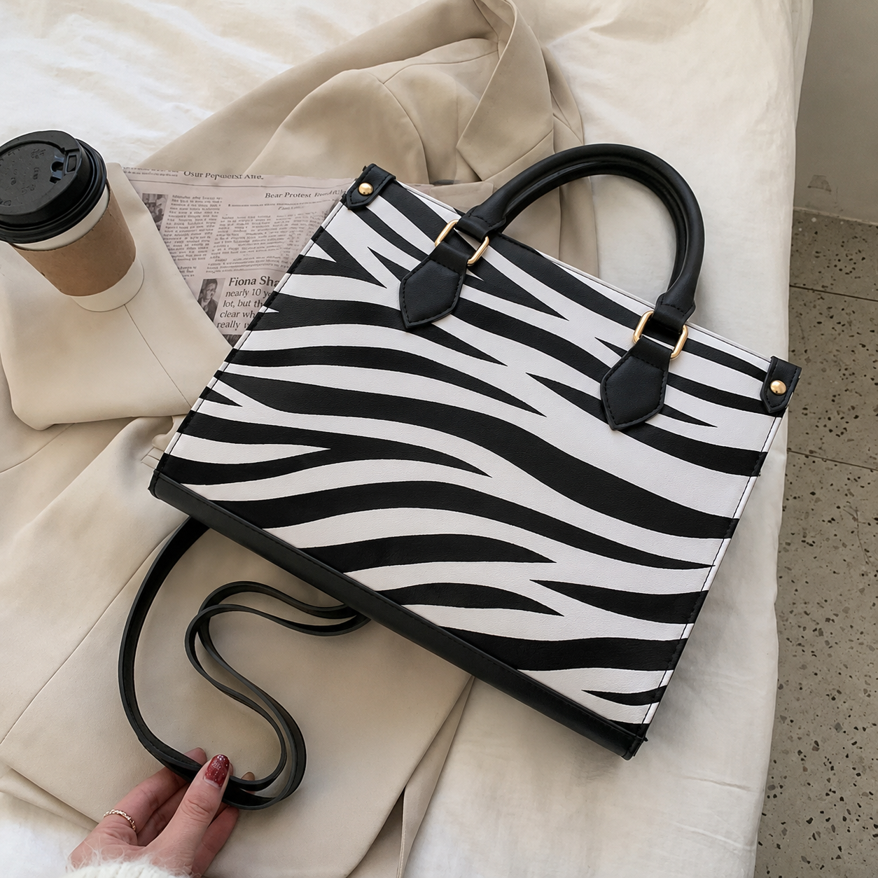 Zebra Print Structured Tote Bag